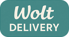 Wolt Delivery logo na plavoj pozadini, servis za dostavu hrane.